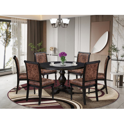 Ensemble de salle à manger 7 pièces avec 6 chaises de salle à manger en polyester texturé brun, dossier haut et table ronde au fini noir sablé.
