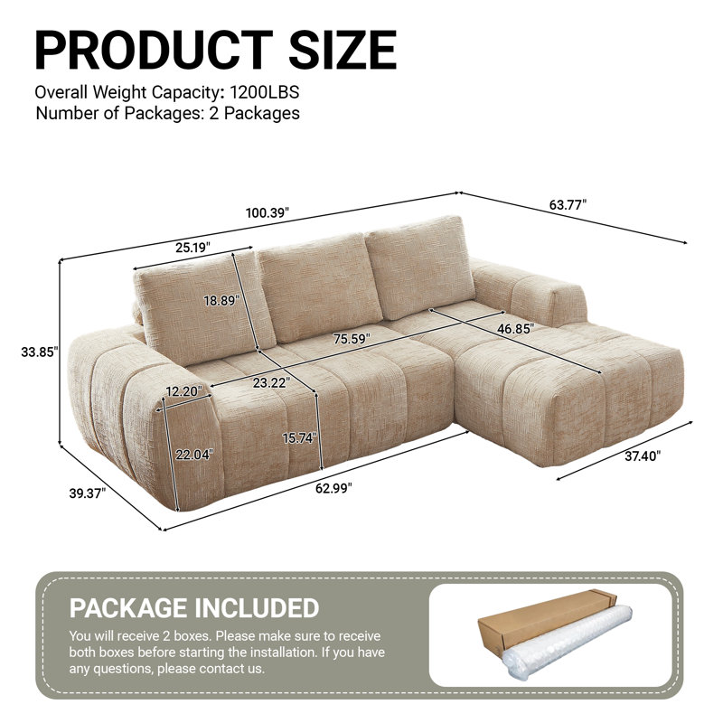Boneless 100" Chenille Compression Sofa with Chaise, L-Shaped Furniture for Living Room, Khaki