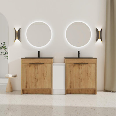 Meuble-lavabo autoportant avec lavabo en céramique noire et armoires de rangement, porte à fermeture douce, armoire combinée 02424 * 2 + 0312, ensemble KD