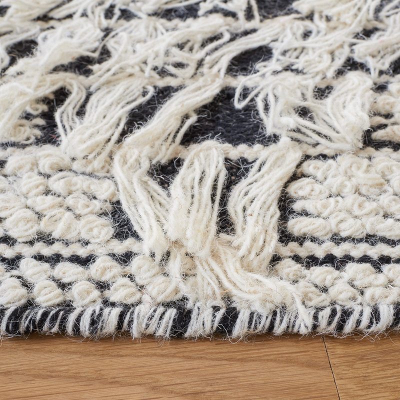 Tapis rayé ivoire / noir en laine / coton Vermont, Tapis de couloir 2 pi 3 po x 8 pi