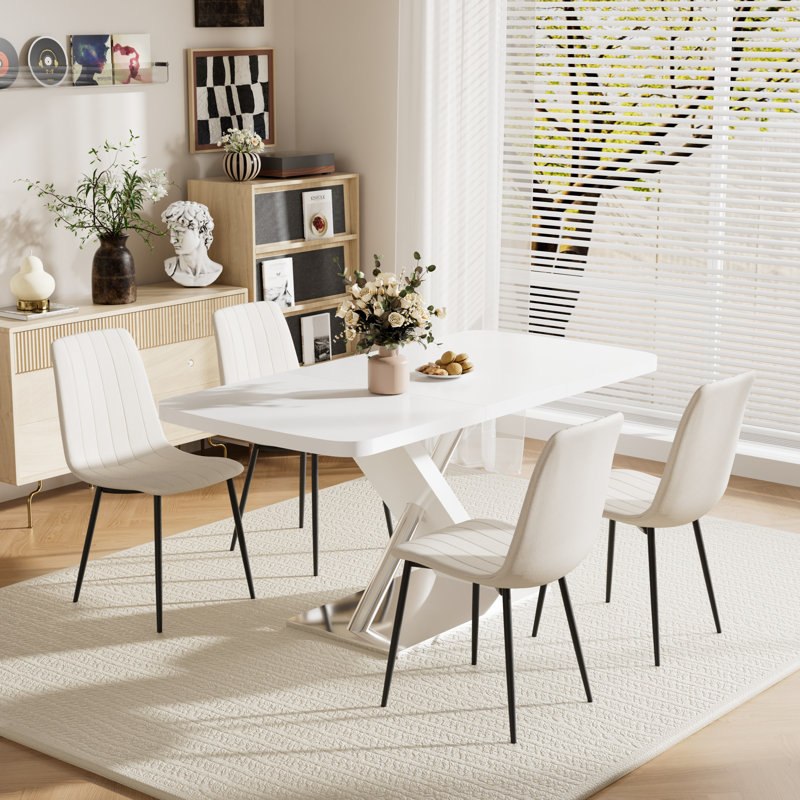 Ensemble de table de salle à manger rectangulaire extensible, Beige, 5, Blanc