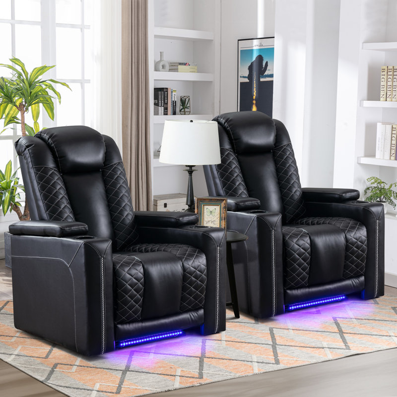 35.4'' Wide Luxury Modern Vegan Leather Power Recliner with USB Port and Ambient Lighting, Black