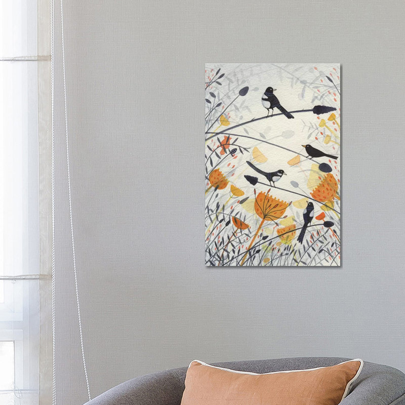 «Three Magpies And A Blackbird» par Michelle Campbell - peinture sur toile tendue, H 26 po x l 18 po x 1,5 po