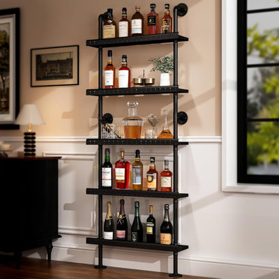 Étagère de bar industrielle murale à 5 niveaux, casier à vin tubulaire de 198 cm de haut avec dispositifs anti-chute, étagères murales pour bar à domicile, bourbon, whisky, cuisine et salle à manger, noir