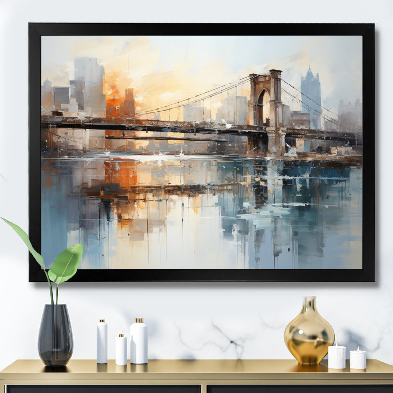 Edrikas Beige Bridge Reflective Connections - Ponts, reproduction d'art sur toile encadrée, H 12 po x l 20 po x P 1 po