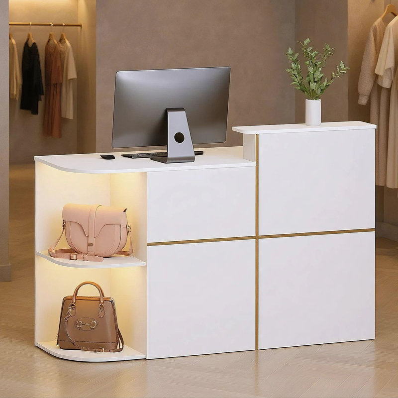 Modern Reception Desk with Open Shelving, Lockable Drawers and Built-In Power Outlets, White