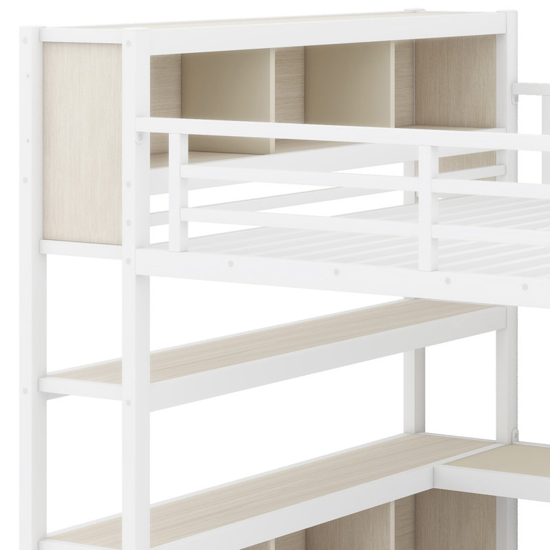 Space-Saving Loft Bed Featuring Built-In Closet, Study Desk, And Organizational Cubes, White Straight Grain