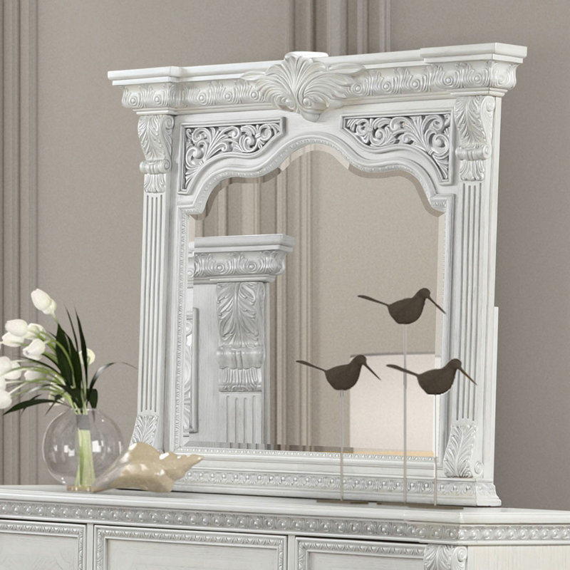 Miroir de commode biseauté Naddy, bois blanc brossé, 48 po, Blanc Argent