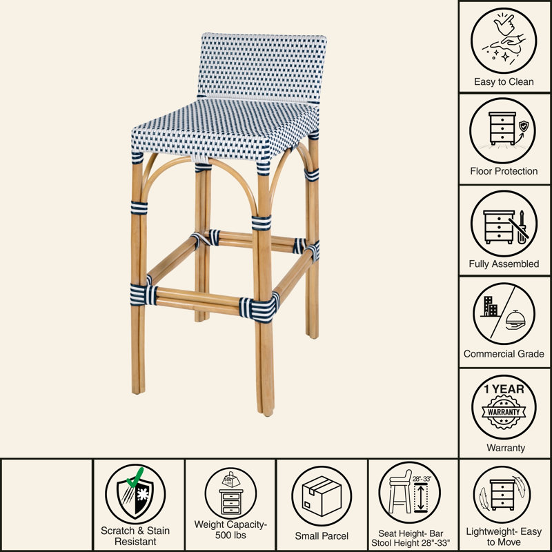Serienna Blue & White Rattan Low Back Counter Stool, White/Blue Dot, Bar Stool (30" Seat Height)