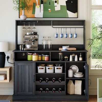 47" Farmhouse Coffee Bar Cabinet with Power Outlets, Wine Rack & Goblet Holder for Kitchen Living Room by Winston Porter