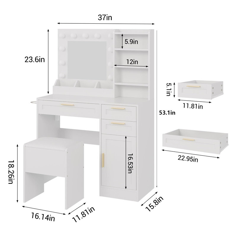 Meuble-lavabo de 37 po avec miroir et lumières, ensemble de coiffeuse avec tabouret, 3 tiroirs, armoire, DEL réglables, prises de courant, USB, organisateur de table de meuble-lavabo (blanc)