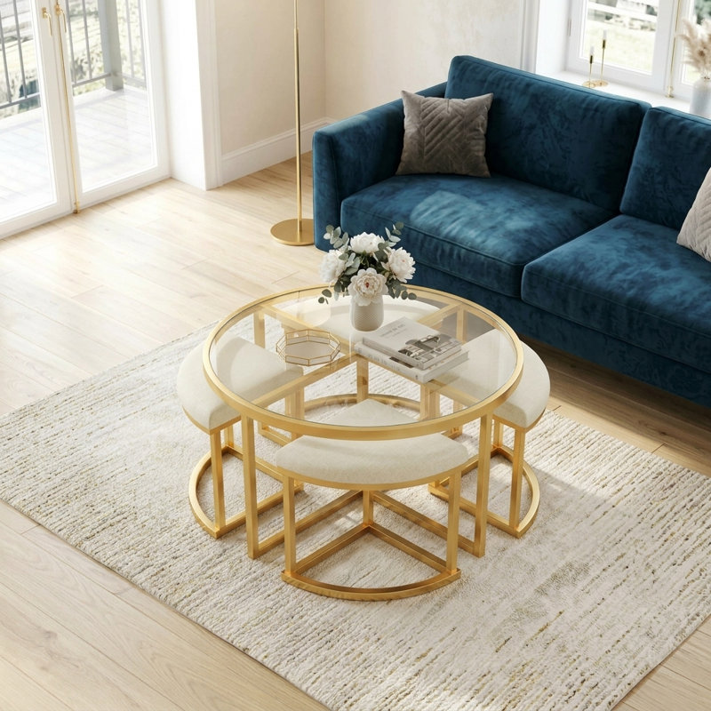 Ensemble de tables basses rondes modernes avec 4 tabourets gigognes, plateau en verre trempé et structure en métal doré, table basse peu encombrante avec tabourets rembourrés