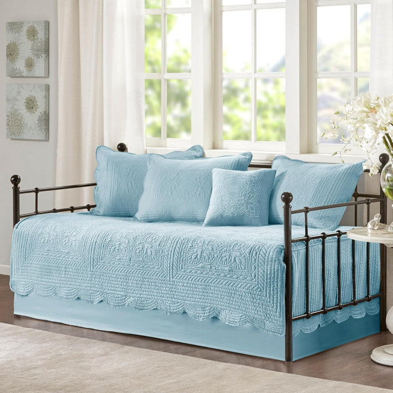 Tuscany Daybed Cover Set-Trendy Damask Quilting With Scalloped Edges All Season Luxury Bedding With Bedskirt, Matching Shams, Decorative Pillow, Seafoam, 39"X75", 6 Piece