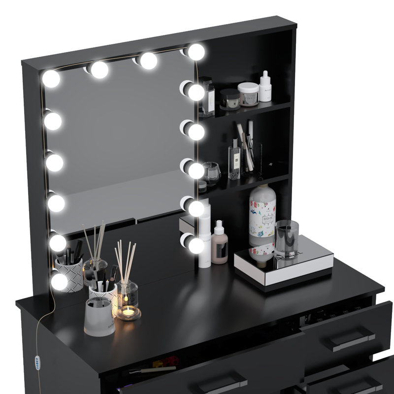 Boahaus Xanthe Lighted Makeup Vanity Desk with HD Mirror, 6 Drawers, and Add-On Lights, Black