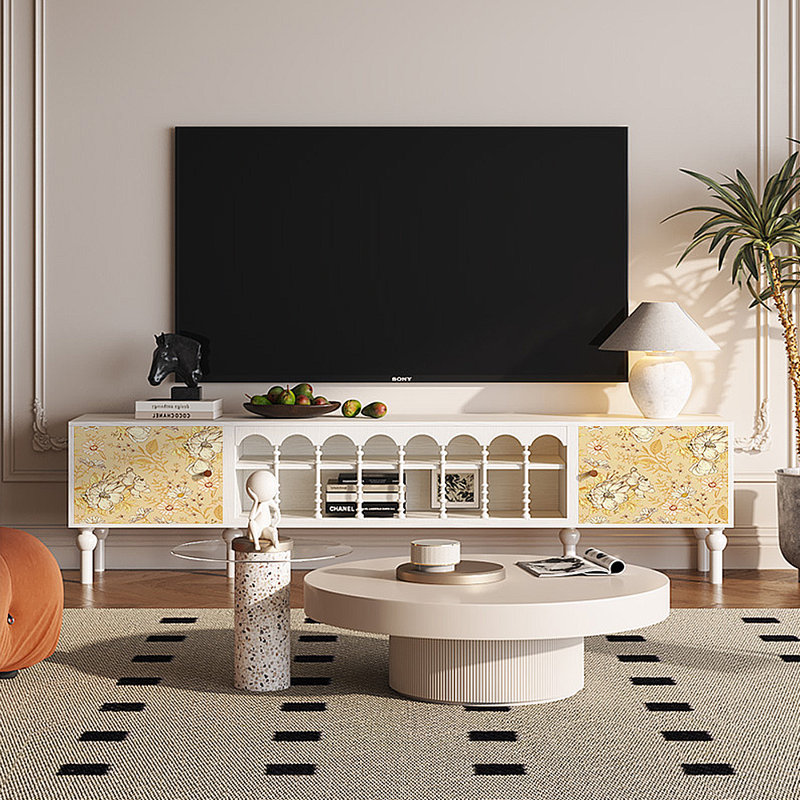 Meuble télé avec rangement peint français rétro, H 21,26 po x P 15,75 po x l 78,74 po, Blanc / naturel