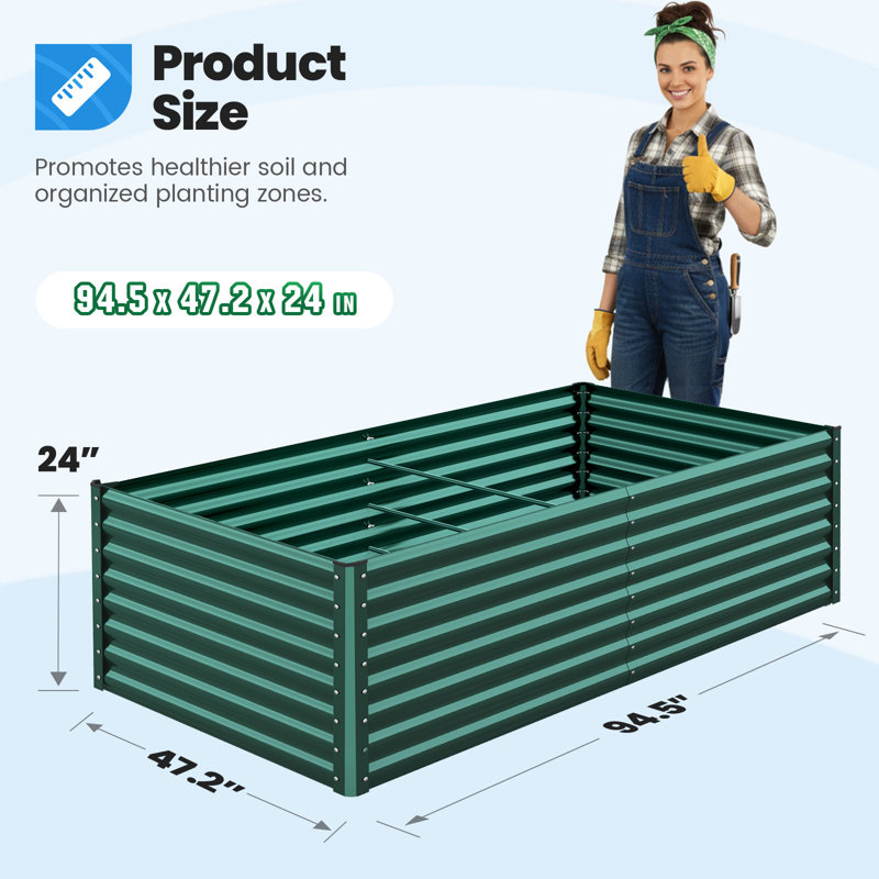  8x4x2 ft Heavy Duty Raised Garden Bed Galvanized Steel Metal Deep Planter Box with 2 Tomato Cages for Outdoor Gardening Green