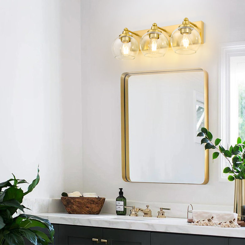 Meuble-lavabo 3 lumières à lumière dorée avec verre blanc, Transparent, Or brossé