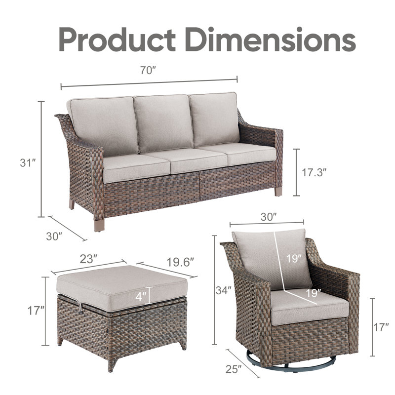 Ensemble de conversation d'extérieur pour 5 personnes avec coussins et repose-pieds Tya, Beige
