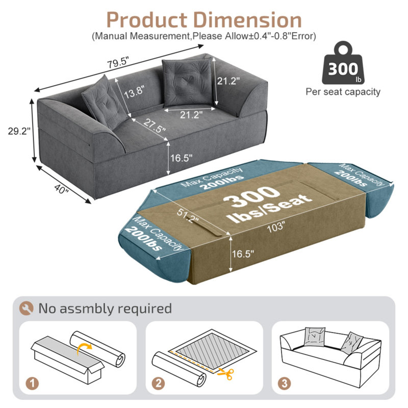 Canapé-lit convertible 3-en-1 de 79,5 po, siège profond beige avec coussins, méridienne pour salon ou bureau, Grey