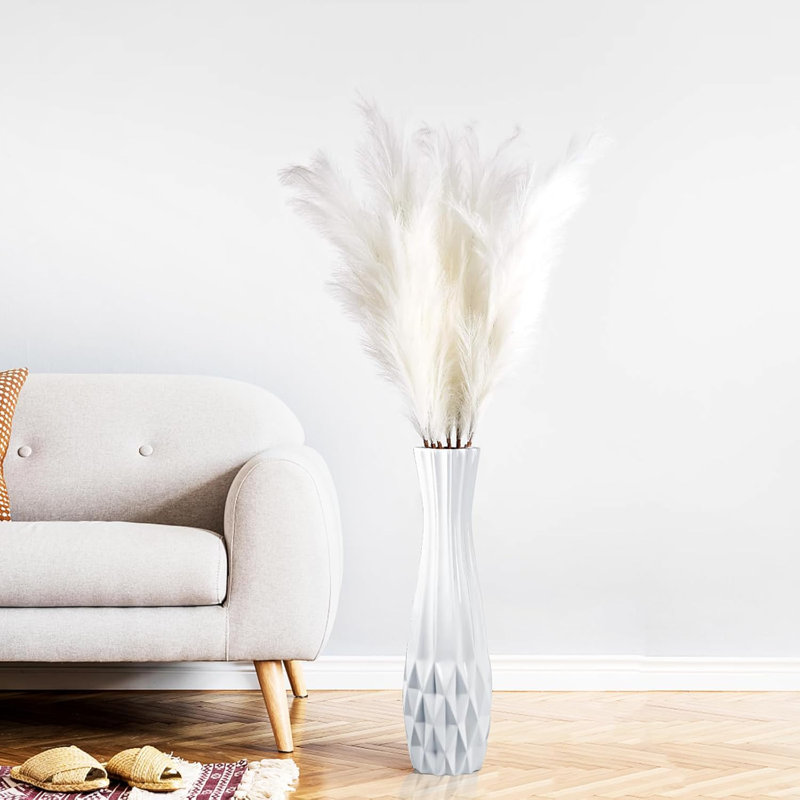 Tall White Ceramic Floor Vase For Modern Home Decor, Unique Origami Design, Handcrafted For Stability And Elegance