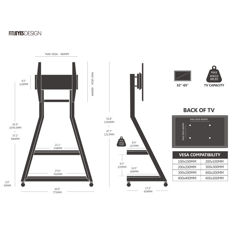Corner TV Stand with 2 Wooden Shelves Rolling TV Cart For 32 43 50 55 65 Inch TV, Walnut/Black