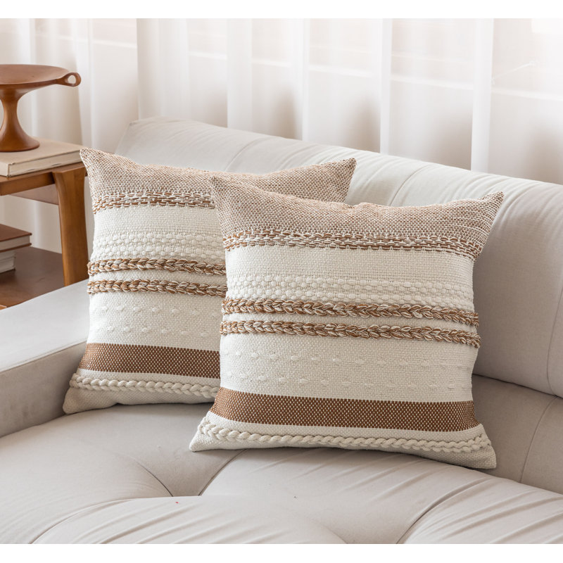 Eden Grove Boho Woven Textured Throw Pillow  18" x 18", Tan Ivory/White, Polyester