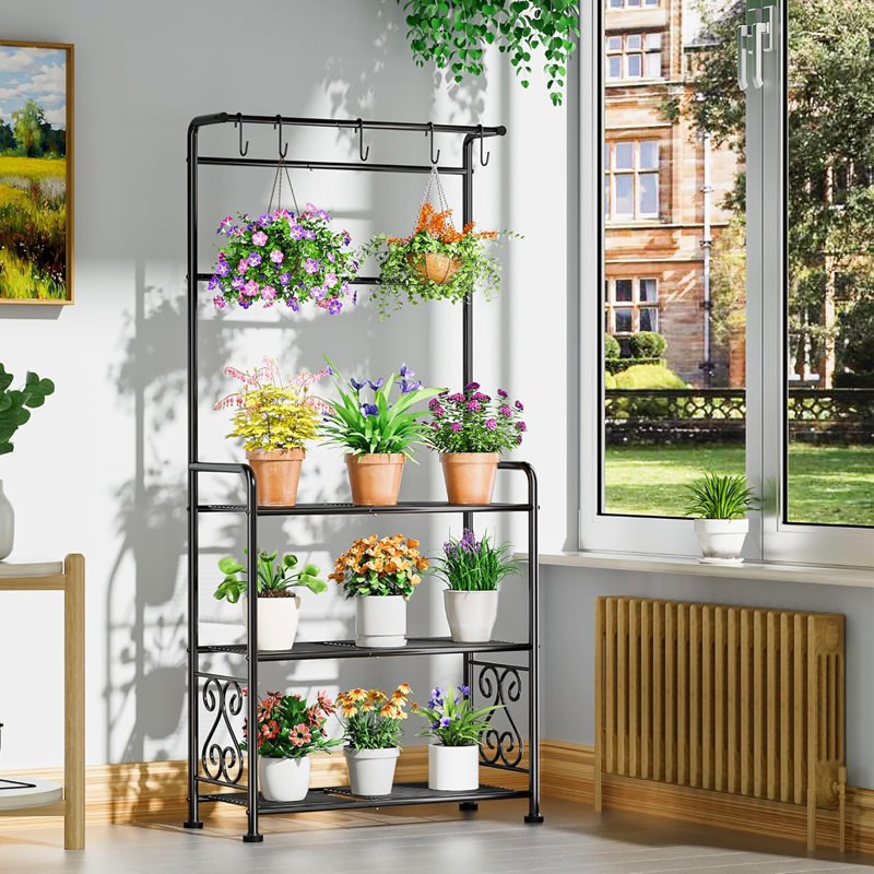 Support pour plante d'intérieur et d'extérieur en métal robuste, support noir antirouille avec crochets et pieds réglables pour plantes multiples
