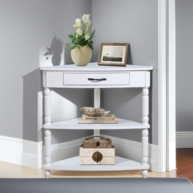 3-Tier End Corner Table, 33.8'' Triangle Wood Side Table, Solid Wood Legs, Milk White