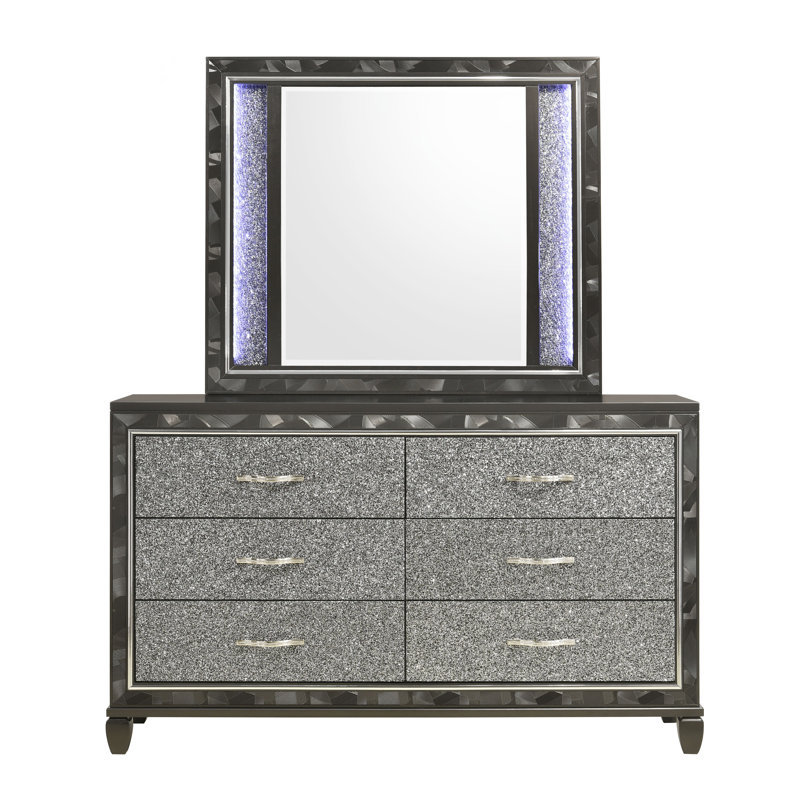 Commode 6 tiroirs 65,38 po avec miroir Joi, Noir, noir, noir, noir