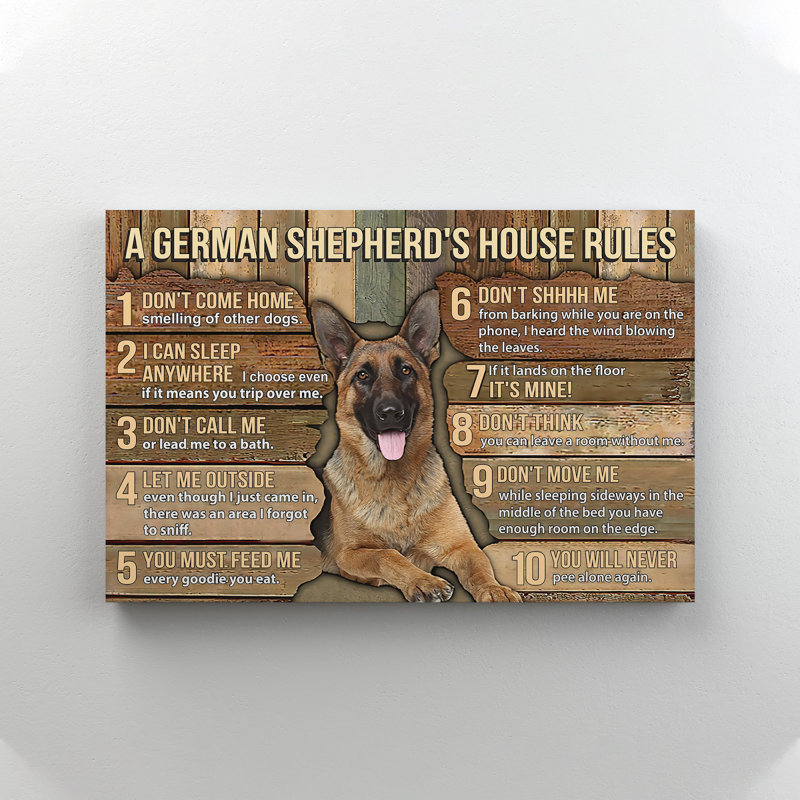 «German Sherpherd's House Rules», toile tendue avec châssis, pour décor d'illustration pour animal de compagnie, noir et brun
