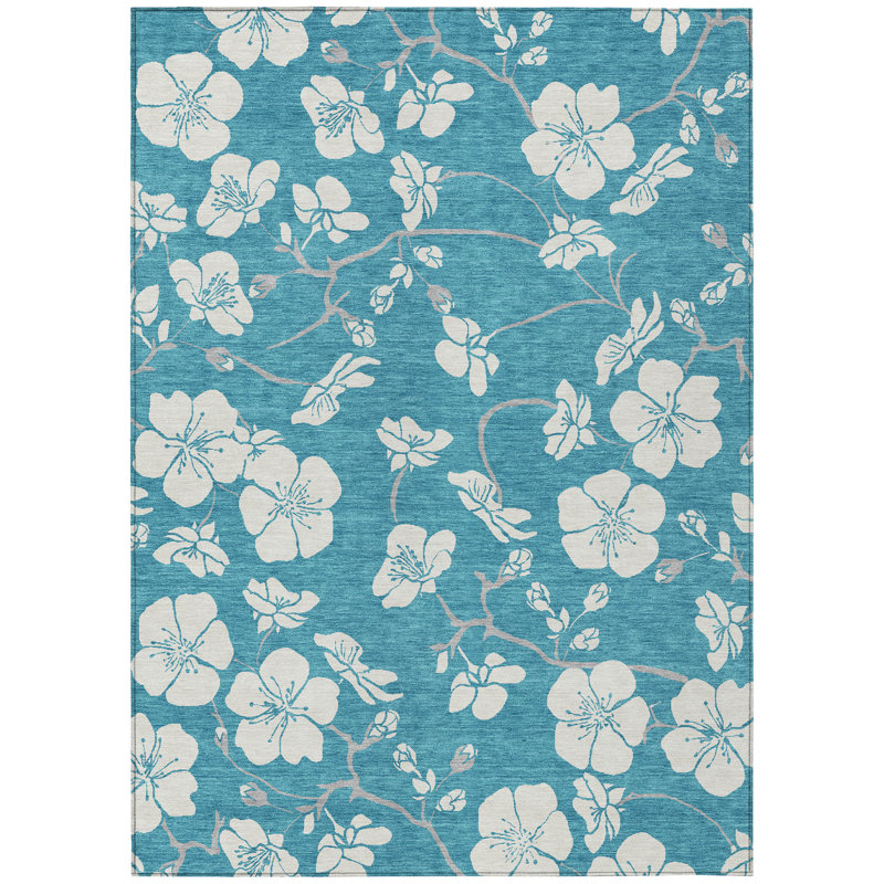 Turquoise Floral Synthetic Washable Rectangular Area Rug