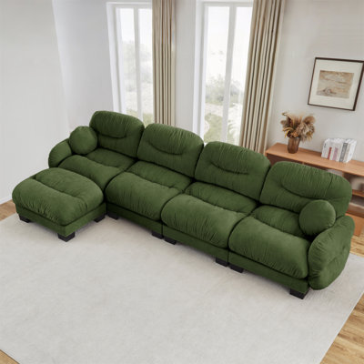 Canapé modulaire confortable à 4 places en tissu de chenille plissé avec siège ergonomique en mousse haute densité, canapé modulaire en forme de L avec repose-pieds, accoudoirs arrondis arrondis et 2 coussins décoratifs ronds