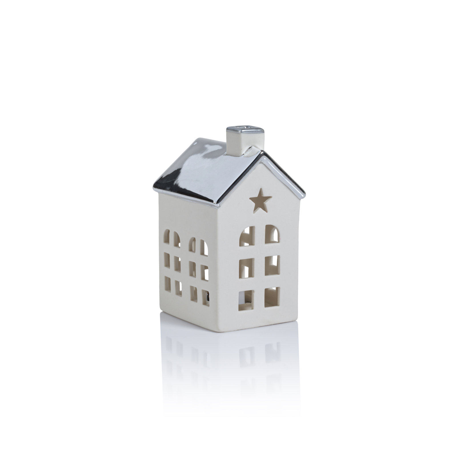 2-Piece Lighted Porcelain Village House Set, 4.25" H x 3" W x 2.5" D, Silver/White