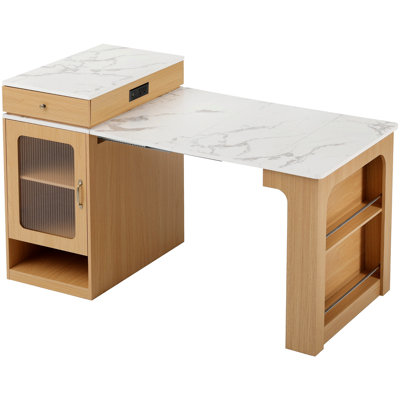 59.5"Kitchen Island with Extendable Dining Table, Kitchen Storage Table with Double-sided Storage, Kitchen Island with 2 Drawers, Power Outlet, Side O
