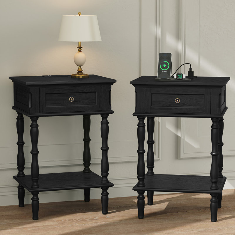 Table de bout à 1 tiroir de 25 po de hauteur avec prises de charge intégrées (ensemble de 2), assemblage minimal requis, Noir