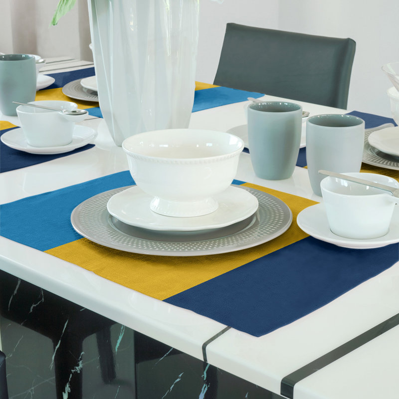 La Power Polyester Striped Rectangle Placemat, Light Blue/Yellow/Navy Blue