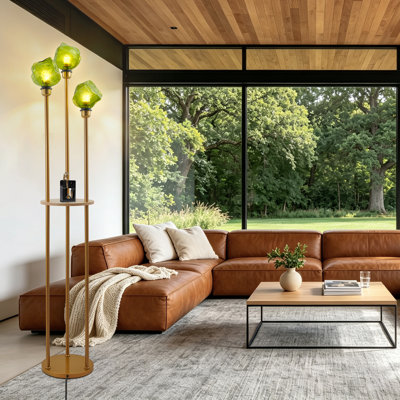 Lampe sur pied à 3 lumières avec abat-jour en verre vert, lampe sur pied de 62 pouces de hauteur avec 3 000 blancs chauds, pour le salon, la chambre à coucher, le bureau et le coin (ampoules incluses)