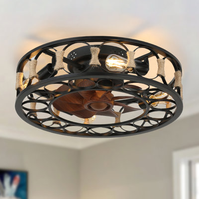 Abraya 20in. Industrial Low Profile Ceiling Fan with Remote, Farmhouse Hemp Rope Flush Mount Ceiling Fan