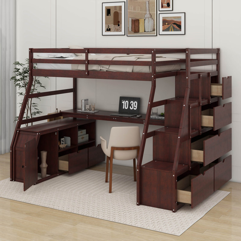 Jeffree Kids Twin Loft Bed with Drawers, Espresso