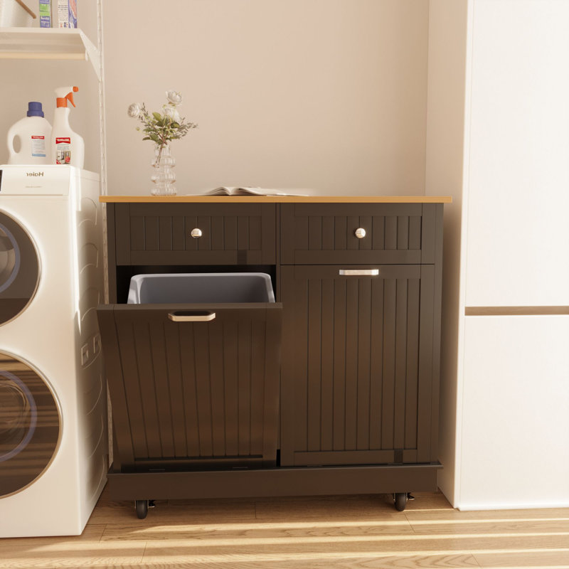 Black Double Tilt Out Trash Cabinet with Countertop and Drawer