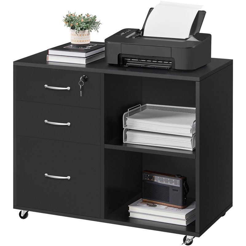 3 -Drawer 2- Shelf Mobile Filing Cabinet, Black