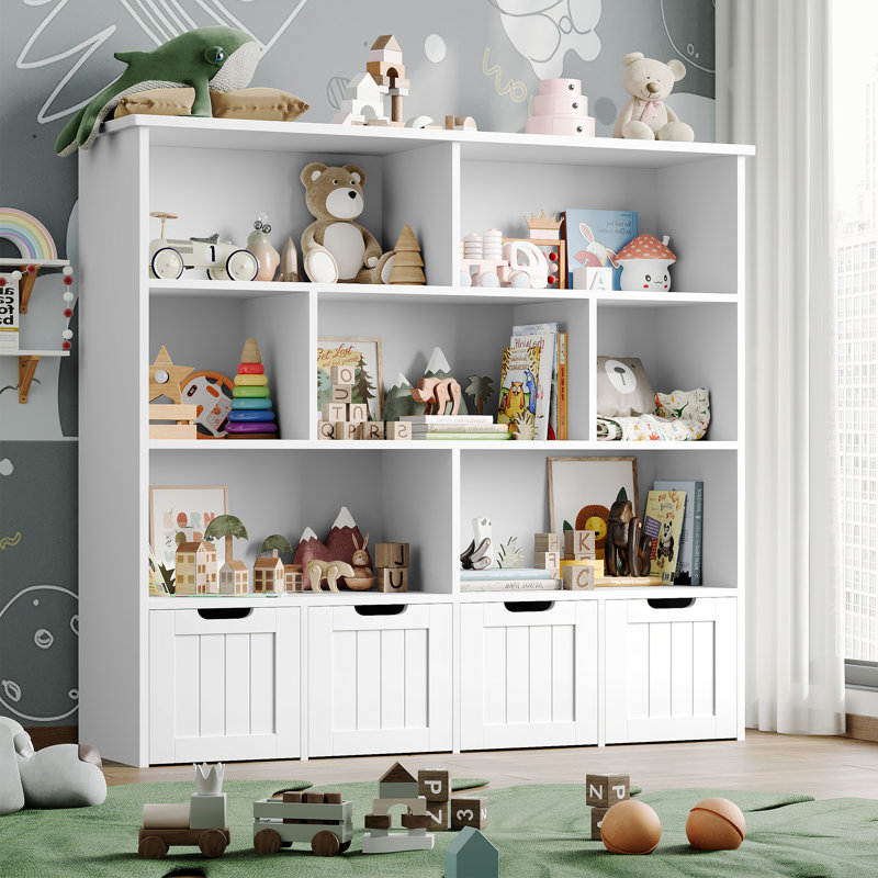 Kirklyn 49.4"W 7 Cube Bookcase, Standard Bookcase With 4 Removable Drawers, White
