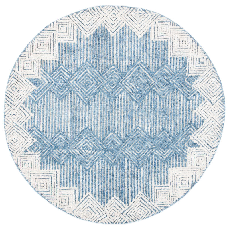 Leopoldo Geometric Handmade Tufted Wool Blue/Ivory Area Rug, Round 6'