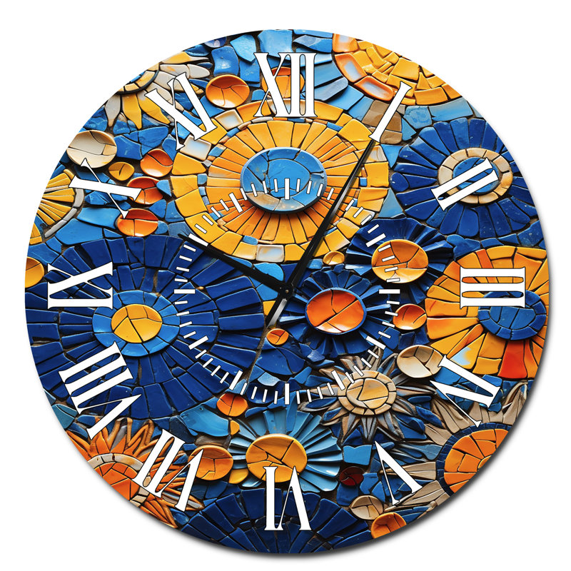 Horloge murale jaune et bleue à carreaux de mosaïque 2 - Boho, Surdimensionné