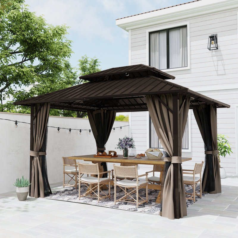 D Double Roof Hardtop Aluminum Patio Gazebo with Netting and Curtains, Brown, Brown, 77.3" H x 122.4" W x 95.5" D