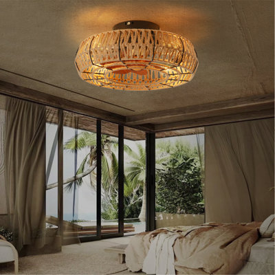 20"  Rope Caged  Flush Mount Ceiling Fan with Light Kit (NOT INCLUDED BULBS) ,With Remote Control, Low Profile Chandelier 6 Speed DC Motor Reversible Ceiling Fan For  Living Room Bedroom.--Matte Black