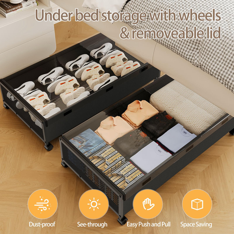 Under Bed Storage Containers With Wheels, 2 Pack Underbed Shoe Storage Organizer With Removable Lids, Large Rolling Under Bed Storage Dresser Drawers