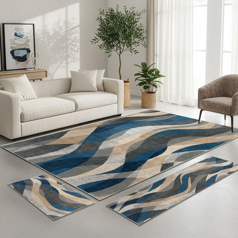 Wave Contemporary Abstract Blue & Gray 3-Piece Rug Set: (5' X 7', 20'' X 60'', 20'' X 32'')