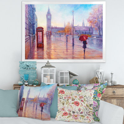 Big Ben et une femme au parasol rouge à Londres - peinture sur toile