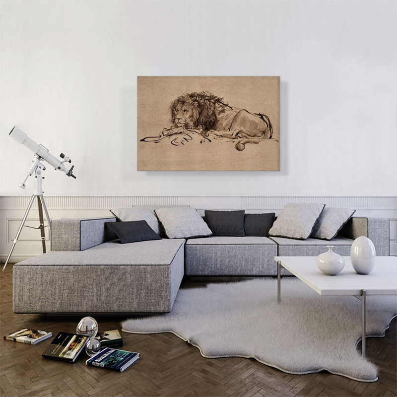Un lion couché vers le bas par Rembrandt van Rijn, reproduction d'art sur toile tendue, H 26 po x l 40 po x 1,5 po